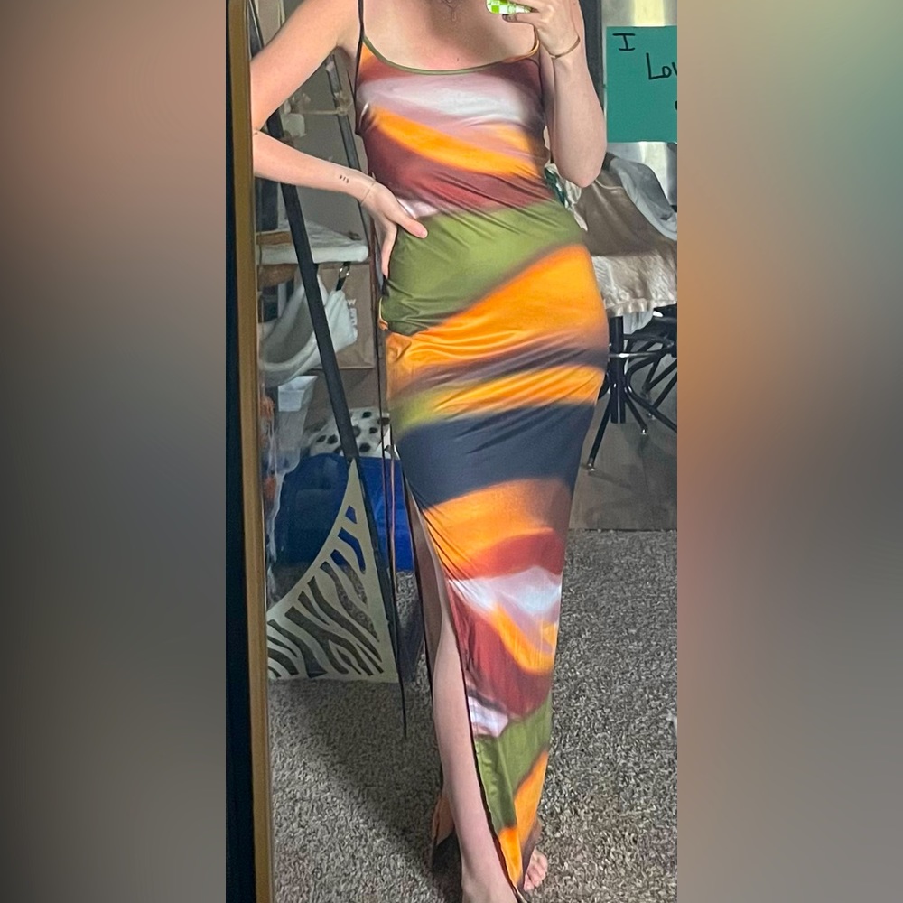 colorful long dress with a high slit. open back